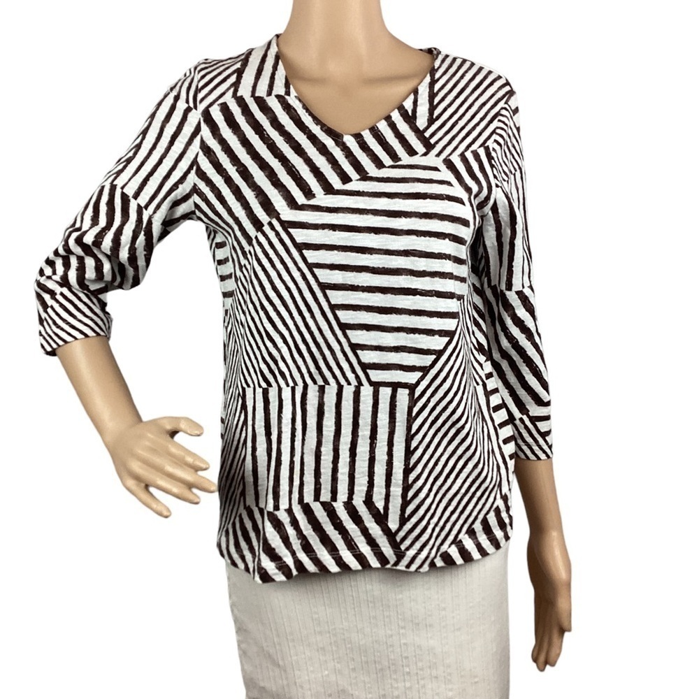 Chico's Top Size M Brown White Stripe Cotton
